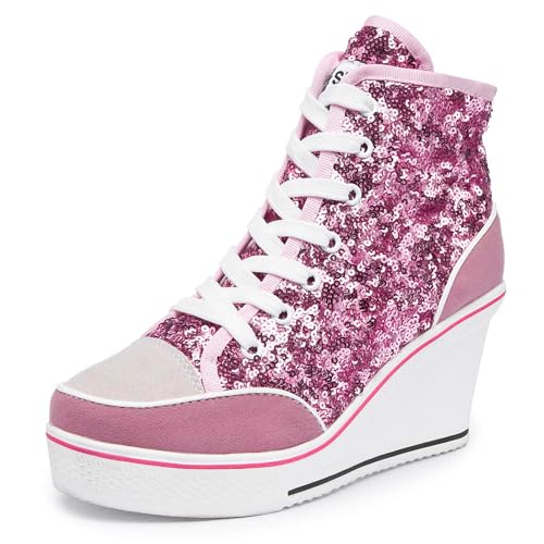 Jiu du Women's Glitter Sneakers Platform Wedge Sneaker Sparkly Sequin High Top Lace Up Sneakers Bling Wedding Dressy Tennis Shoes