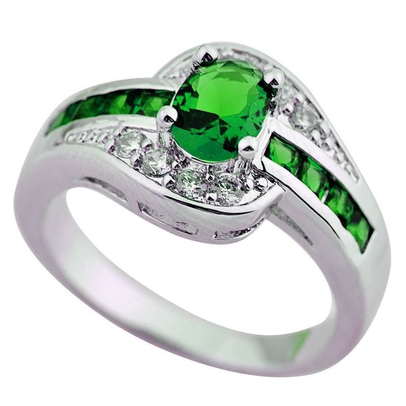 Lozeux Silver Plated Ring Oval & Princess Cut Created Emerald Quartz Cubic Zirconia Filled Engagement Wedding Proposal Promise Band for Women Lovers Size 7
