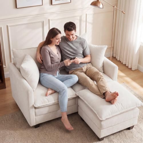 Image of 50'' L-Shape Loveseat Sofa with 22 inch Ottoman, 2 Seat Modern Cloud Couch with 2 Washable Pillows for Small Space Apartment Office Living Room Bedroom, Beige