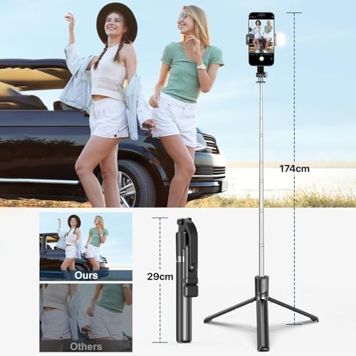 Image of Vaku Luxos Selfie Stick Tripod Stand with Fill Light & Wireless Remote, 69.6 inch /174CM Extendable Bluetooth Long Selfie Stick Compatible with iPhone & Android, Best for Vlogging, Reels & Travel