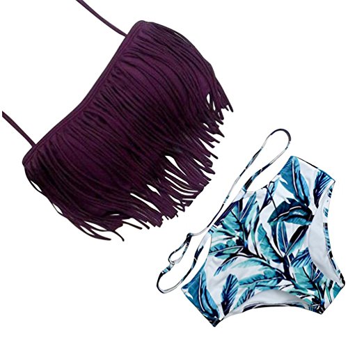 JIANLANPTT Women Sexy Bikini Padded Set Floral Swimwear Tassel Swimsuits with New Green Leaf Print Bottom XL JIANLANPTT Women Sexy Bikini Padded Set Floral Swimwear Tassel Swimsuits with New Green Leaf Print Bottom XL