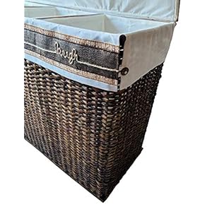 Handcrafted wicker oversized 3 section divided laundry hamper sorter and organizer handwoven rattan basket with lid cloth liner and coconut buttons jute rope and raffia weave accent  urban country home decor
