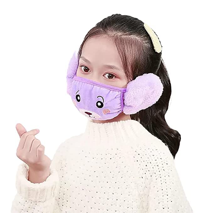 Kids Winter Animal 2-in-1 Mask Earmuffs - Cartoon Balaclava Face/Mouth Covering, Anti-Dust Funny Bear Design for Girls and Boys, Reusable Fashion Warm Soft Purple (3-10 Years)-image-32