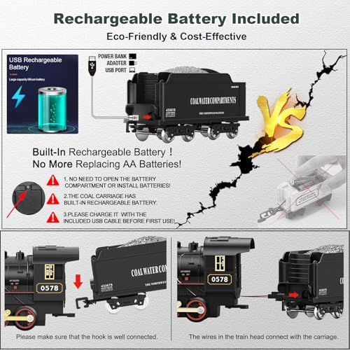 Electric Train Sets Remote Control for Kids Christmas Train Toys Steam Locomotive w/3 Smokes, Glowing Passenger Carriages, Luxury Tracks, Light & Sounds Rechargeable Birthday Gifts for Boys Girls - Image 5