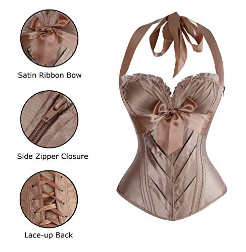Charmian Women's Burlesque Vintage Renaissance Padded Satin Halter Bustier Corset Top With Zipper Champagne 2X-Large #TOP3