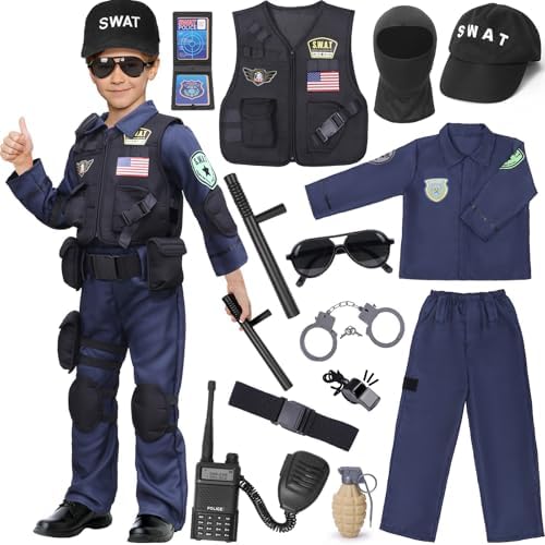 Latocos 15 PCS SWAT Police Officer Costume for Kids with Vest Accessories Cop Dress Up Role Play Set for Halloween Cosplay