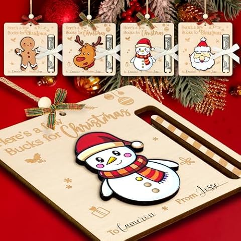WOODAMORE Unique Christmas Money Holders For Cash Gift - 4 Pcs Christmas Money Holder Ornaments, Wooden Money Holders Christmas Gift 2024, Fun Holiday Money Holders Card, Christmas Money Gift Holder Cover