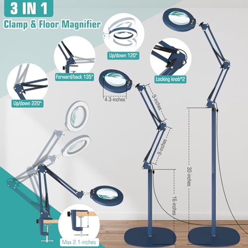 Image of 12X Magnifying Glass with Light and Stand, Real Glass Lens (Not Acrylic), 5 Color Modes, Stepless Dimmable, LED 3-in-1 Floor Lamp, Swing Arm with Clamp, Lighted Magnifier Hands Free for Crafts - Blue
