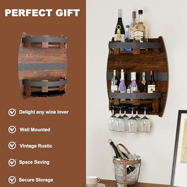 Whiskey Barrel Shelf Wall Mounted, Vintage Wine Rack with Glass Holder, Wooden Handmade Bourbon Shelf, Bar Liquor Bottle Holder, Gift for Wine Lover, Drinks Cabinet Rack for Wine, Whiskey, Beer