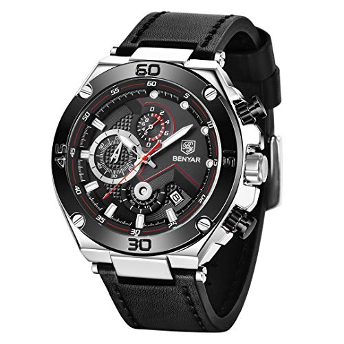 BENYAR Men's Business Watch Fashion Casual Watch Big Face Design Multifunctional Chronograph Waterproof Stainless Steel (Silver Black)