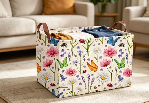 Image of Essme Rectangular Basket, Flower Storage Basket with Handles for Room Decor,(Flower cluster)