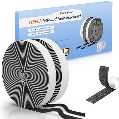 Adhesivo Doble Cara, 10M x 20mm Cinta Autoadhesiva de Hook & Loop para Interiores/Exteriores, Ideal para Costura, Foframe y Proyectos DIY, Recortable (Negro)