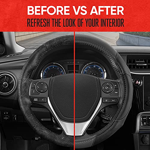 Image of Motor Trend GripDrive Gray Carbon Fiber Steering Wheel Cover, Standard 15 inch Size, Black Faux Leather Comfort Grip, Car Steering Wheel Cover for Auto Truck Van SUV