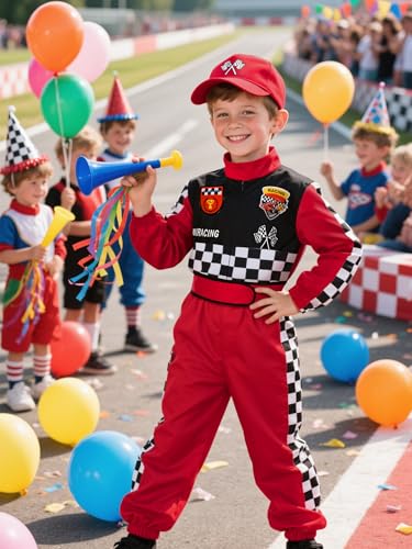 Kids Race Car Driver Costume Boys Girls Racer Jumpsuit With Car Cap Kids Dress Up for Halloween2