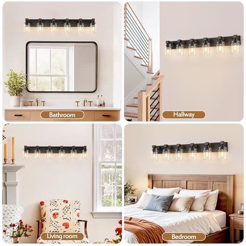 Image of Farmhouse Bathroom Vanity Light Fixtures, Rustic 6-Light Wood Vanity Lights for Bathroom, Vintage Black Wall Sconces Lighting, Light fixtures Over Mirror, with Glass Shade