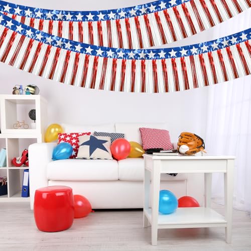 Image of 4th of July Decorations 2 Pack 40Ft Foil Fringe Garland Tinsel Streamers, Red White Blue Hanging Fringe Backdrop Banner Table Skirts for Parade Floats Patriotic Party Decor (Star 2)
