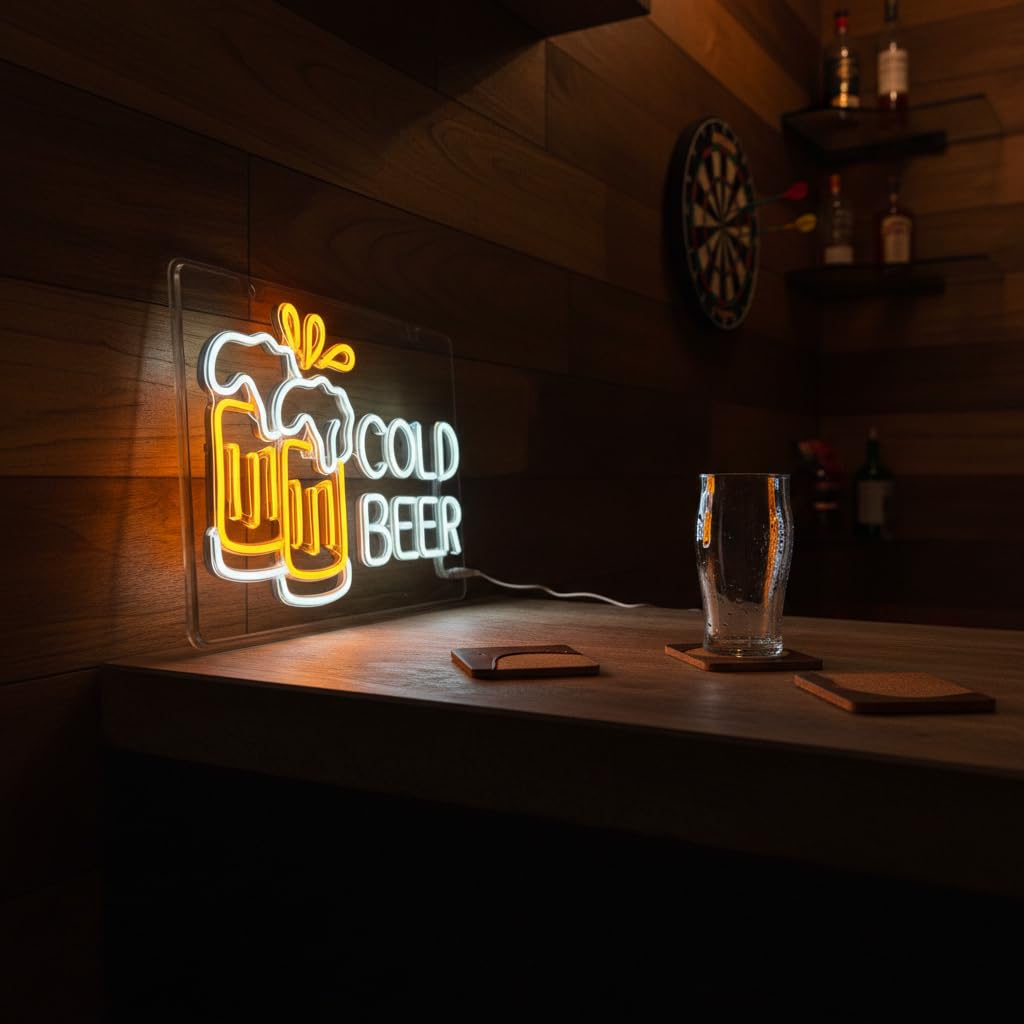 Letrero de neón de cerveza fría para bar de negocios y hogar, luz LED de PET flexible y duradera para pub, cueva de hombre, garaje, regalo único para hombres, padres, propietarios de bares o clubes