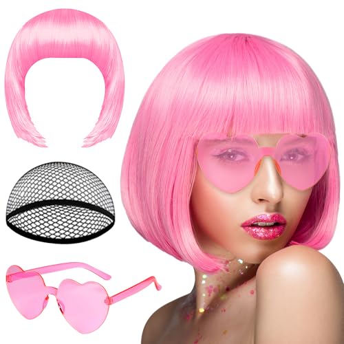 Image of PLULON Pink Short Bob Wig and Sunglass Set, Neon Short Bob Wig Sunglass Pack Costume Colorful Cosplay Wig Hairpieces for Bachelorette Neon Party Favors, Halloween Decorations