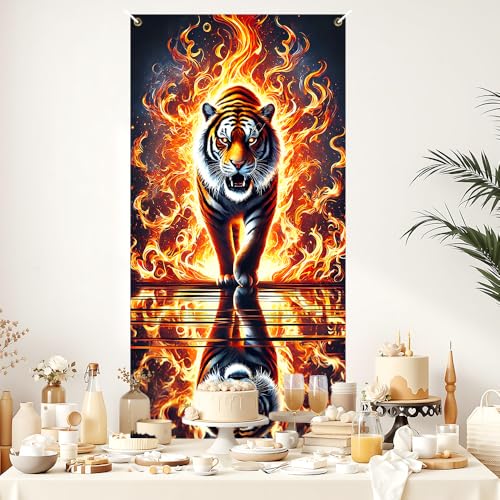 Image of Fire Tiger Door Cover Tapestry 35x70in Wall Hanging Poster Banner