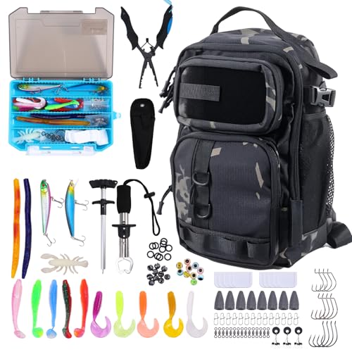 Jaylene 16.5Inch Fishing Backpack with Tackle Boxes, Fishing Backpack with Rod Holder, Waterproof Sling Tackle Bag For Gear With Lures, Pliers, Fish Lip Gripper Gifts for Men