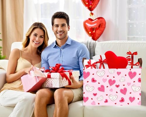 Image of Large Valentine's Day Basket Heart Shaped Storage Bin for Gifts Collapsible Organizer Room Decor (Pink Bottom Lines White Love)