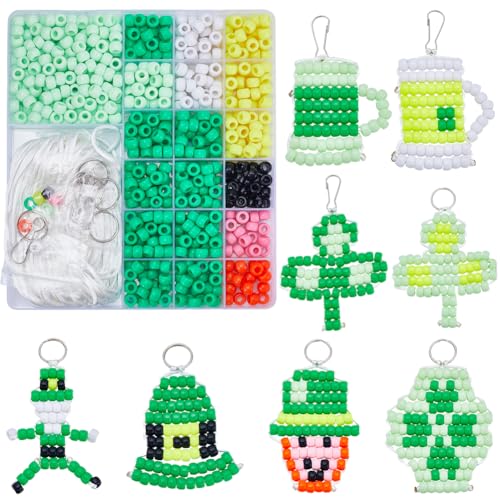 SUNNYCLUE DIY 8 Sets Pony Beads Kit - 8mm St Patrick's Day Green Plastic Beads - Keychain Making Kit