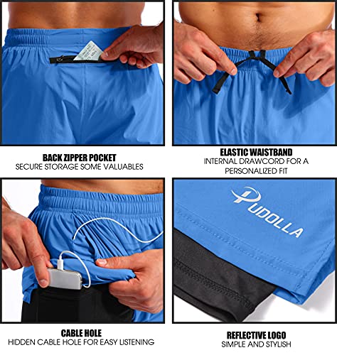 Image of Pudolla Men's 2 in 1 Running Shorts 5 inch Quick Dry Gym Athletic Workout Shorts for Men with Phone Pockets