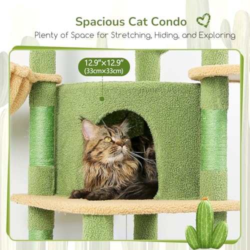 Image of Globlazer Cactus Corner Cat Tree Tower with Scratching Post for Indoor Cats, 51in Multi-Level Cat Condo Tower with Large Hammock, Fan-Shaped Padded Perch, Spacious Cat Cave, Hanging Basket, C51, Green