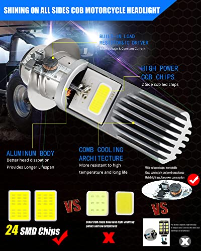 YEORO 2Pcs H6M LED Bulb,AC/DC 9-85V P15D Motorcycle Headlight Bulb Hi/Lo Beam 2xCOB+3528 SMD Chips LED Lamps for ATV. (2COB+3528)