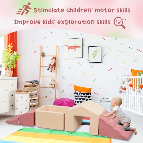 LOAOL Foam Climbing Toys for Toddlers, 6PCS Climb and Crawl Activity Playset, 5 in 1 Soft Crawling Climbing Blocks Indoor, Toddler Play Climbing and Ball Pit with Slide Stairs and Ramp