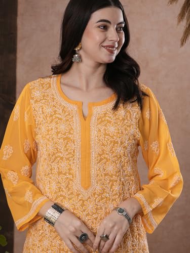 Image of Ada Lucknow Chikankari Hand Embroidered Faux Georgette Kurta Kurti Tunic Dress for Women A95504