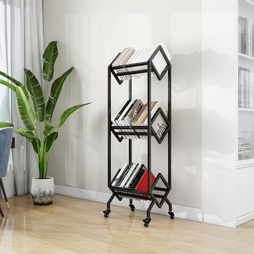 VENNQD Bookshelf Book Cart Rack Industrial Metal Bookcase 3 Tier Holder with Wheels Modern Stylish Design Magazines Files Album Recipe Book Storage Organizer for Sofa End Bed Beside (3 Tier) - Thumbnail 2