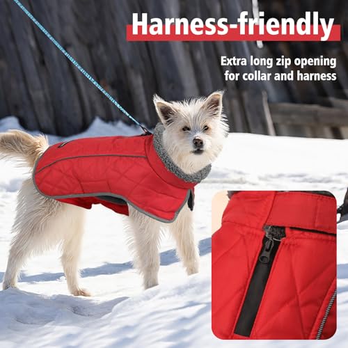 Image of Fragralley Dog Coat Medium, Waterproof Dog Jacket with Warm Fleece Lining, Adjustable Reflective Dogs Winter Coat, Turtleneck Pet Coats for Cold Weather (Red M)