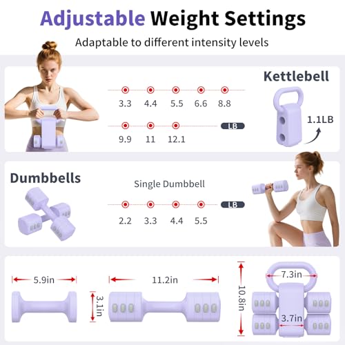 Image of Hezeyferg 2-in-1 Adjustable Dumbbells Set, 4 Levels Weight Dumbbells Set for Women Men, Each 2.2 /3.3 /4.4 /5.5lb Hand Weights with Kettlebell Form for Home Gym Exercise Training