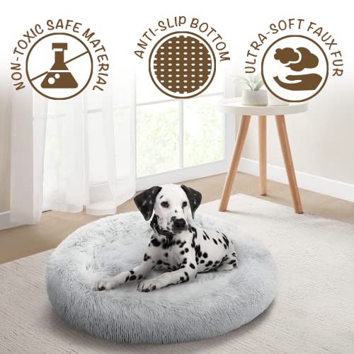 Friends Forever Coco Donut Dog Bed, Soft Faux Fur Cat Couch For Indoor Pet, Fluffy Calming Plush Shag, Round Raised Rim Bolster Cushion, Machine Washable Cuddler, Self Warming, 23X23, Ivory #TOP3