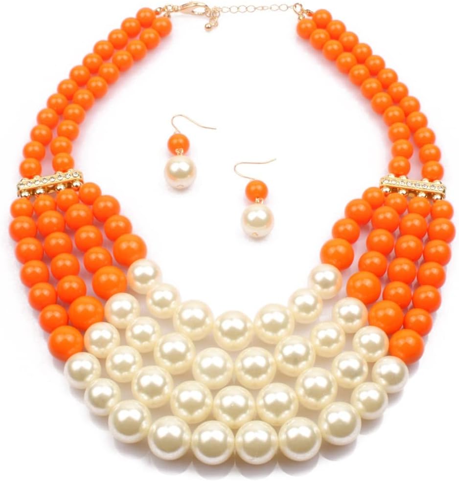 Fashionable and exaggerated multilayer multicolor Imitation pearl choker+Drop Dangle Earring jewelry set Bridal necklace Dress Accessories for Women’s and girls gifts(Six color optional)