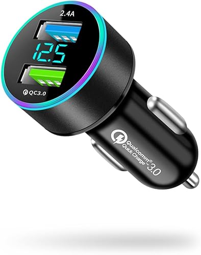 Adaptador de cargador USB C para automóvil cargador de coche de doble puerto QC30 carga rápida de metal con pantalla de voltaje LED adaptador de