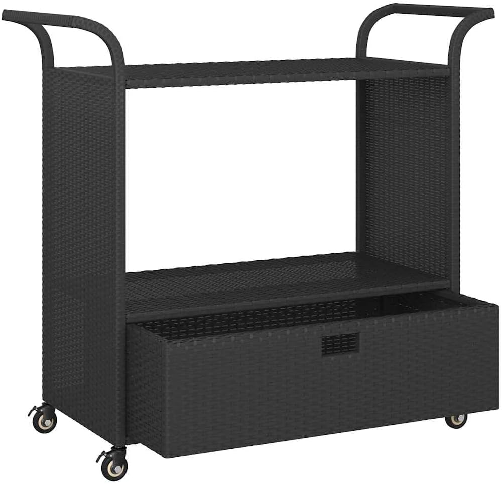 Bar Cart with Drawer Black Poly Rattan Durable Serving Cart Kitchen Storage Cart Rolling Kitchen Island Kitchen Utility Cart 39.4"x17.7"x38.2" Mobile Cart for Dining
