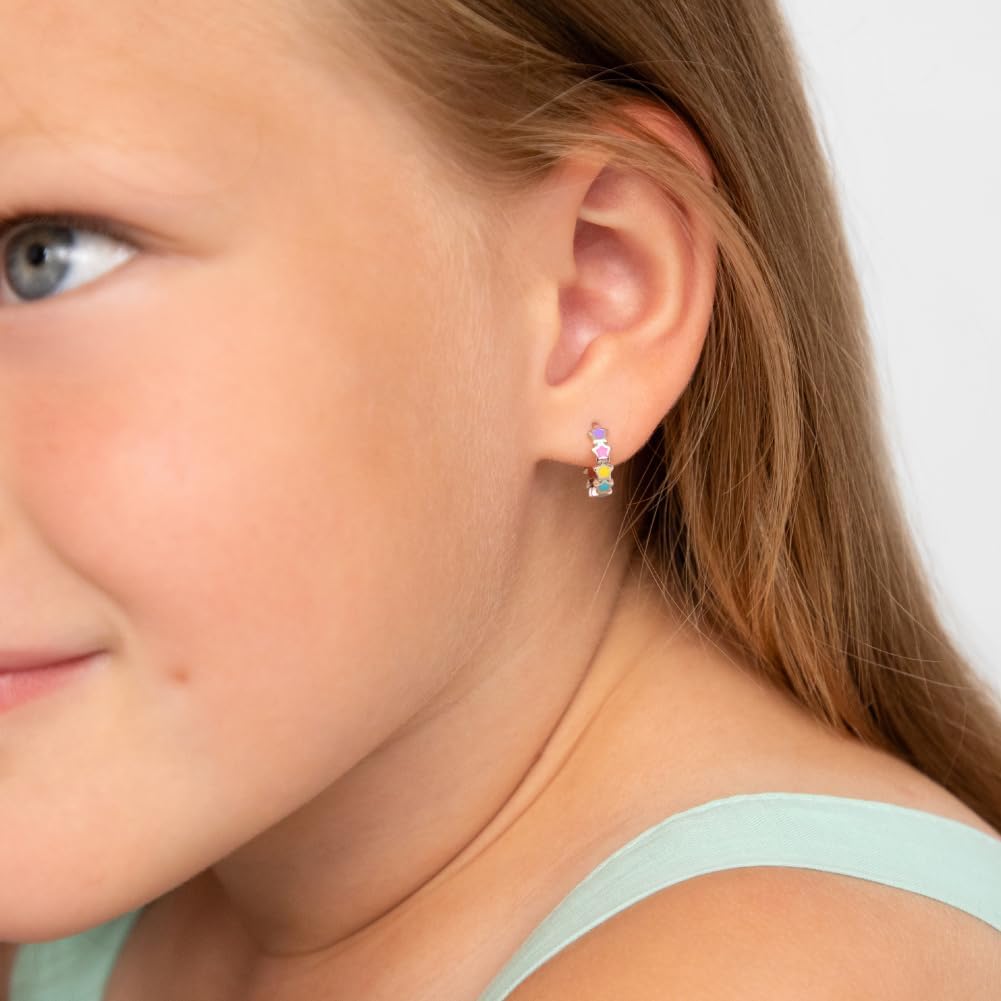 925 Sterling Silver Tiny Multicolor Enamel Star Huggie Hoop Earrings For Girls - Beautiful Multicolored Enamel Earrings For Children - Star Themed Jewelry for Young Girls - Image 3