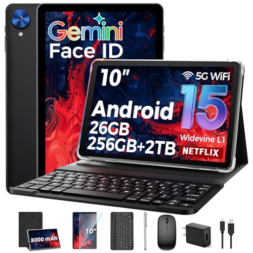 Image of Android 15 tablet with Keyboard, 26GB+256GB, Gemini AI, 8-Core, WiFi-Black | 10 inch Tablet, 26GB+256GB+2TB Expand, 8000mAh, BT5.0, GPS, GMS, Electronics Tablets PC with keyboard /Case /Mouse /Stylus