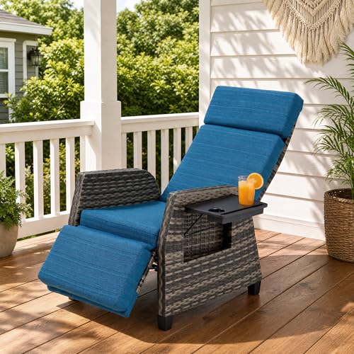 TellMagi Outdoor Recliners for Patio Wicker Recliner Chair w/Adjustable Back & Footrest Simultaneous Recline Air Pump 180 Lay Flat Reclining Chair with Flip Table and Removable Cushion Blue