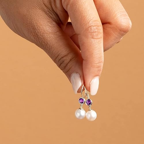 Miniatura 6 de Peora Aretes colgantes de oro amarillo de 14 quilates, perlas blancas cultivadas en agua dulce de 0.315 in y amatista genuina para mujer, piedra