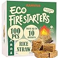 KAMVIVA Eco Fire Starter Made from Rice Straw, Burn Up to 10 Minutes, 100 Counts for Fireplace, Firepit, Charcoal, Chimney, Pellet Firestarter, BBQ Grill, Camping Fire, Wood Stove, Campfires