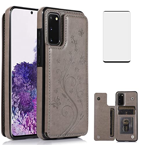 Coque Samsung S20 5G étui portefeuille cuir gris verre trempé