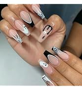 LANOVA Ballerina Pink Press on Nail with White Little Ghost Black Deoplets,Black French Tips Whit...