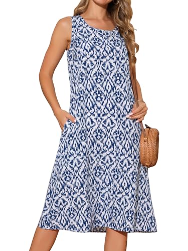 Image of Seta T Women's Summer Dresses Beach Casual Sleeveless Sundress Crewneck Print Loose Midi Tank Dress with Pockets