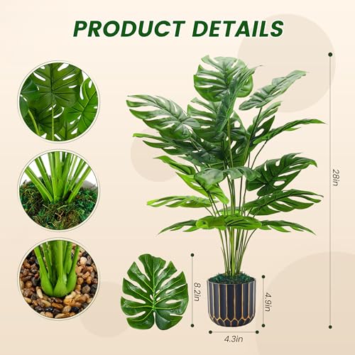 Image of Der Rose 28'' Fake Plants Tall Artificial Monstera Faux Plants Indoor Outdoor Tree for Living Room Home House Decor (Pack of 3)
