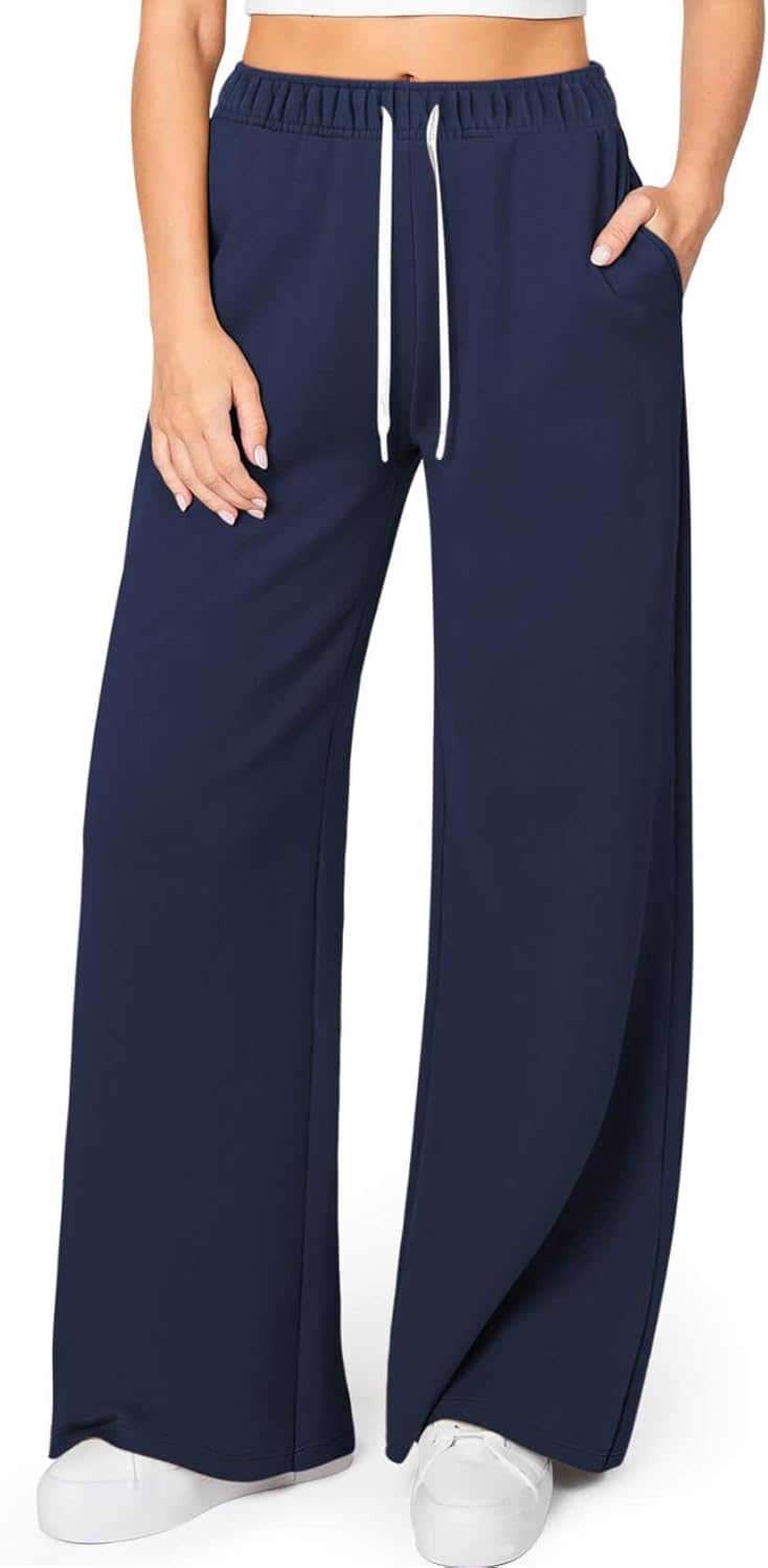 HeSaYep Women's Wide Leg Sweatpants Elastic High Waist Loose Sweat Pants Straight Leg Drawstring Trousers with Pockets