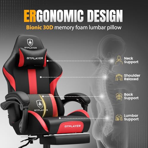 GTRACING Gaming Chair with Foot Rest & Pocket Spring Cushion, Ergonomic High Back Computer Chair with Headrest & 360°-Swivel Seat for Home Office Desk, PU Leather, Red