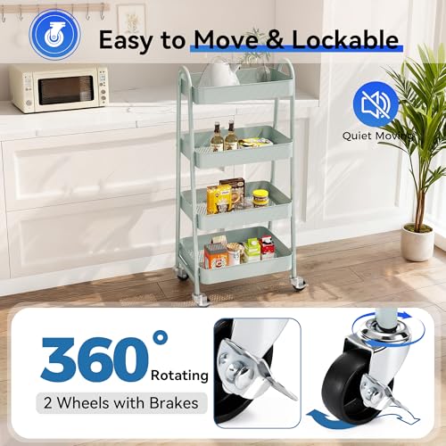 Image of OLIXIS Metal 4 Tiers Utility Rolling Cart, Mobile Storage Shelf with Lockable Caster Wheels, Organization for Livingroom, Bathroom, Kitchen, & Narrow Places, 4-Tier Green